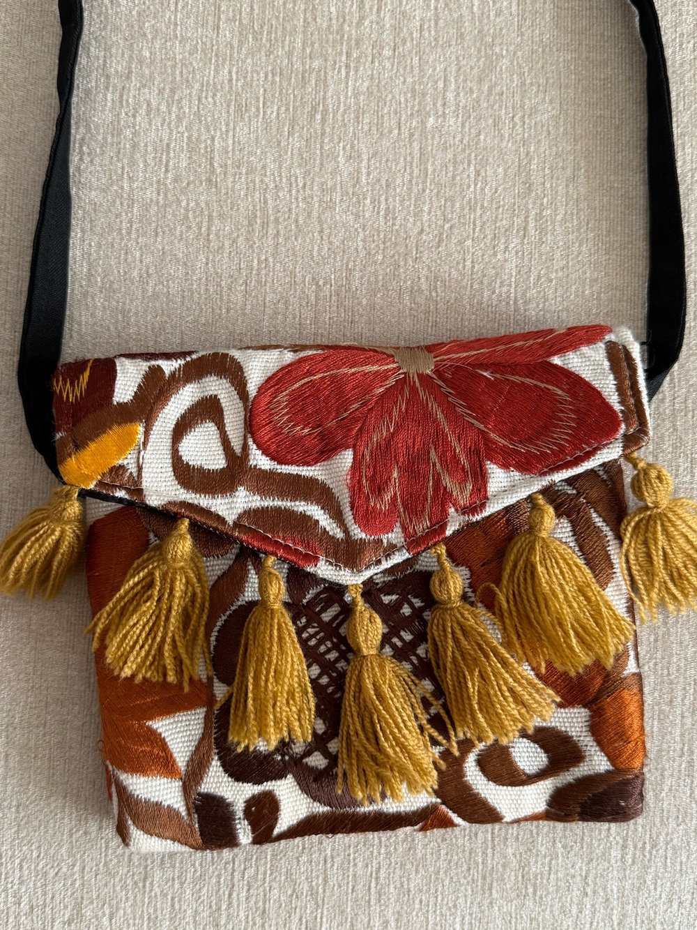 Embroidered Floral Tassel Crossbody Bag in Mustard & Rust